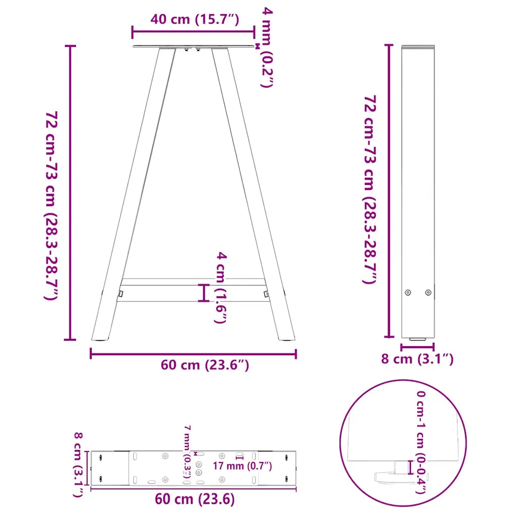 Gambe per tavolo da pranzo a forma di A 2 pz nere 60x(72-73) cm in acciaio 4012848