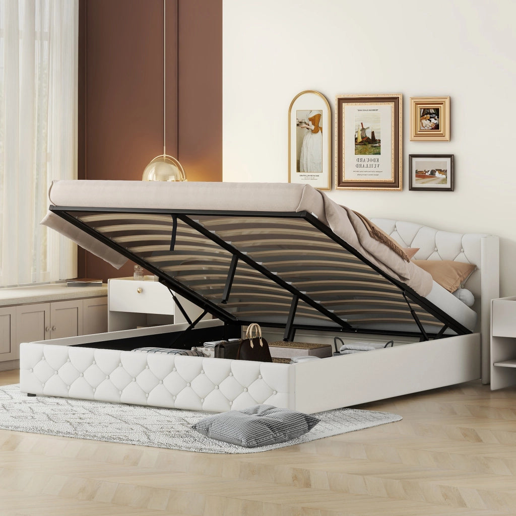 Letto contenitore matrimoniale 180 × 200 cm, sollevamento idraulico, senza materasso, rivestimento in lino beige