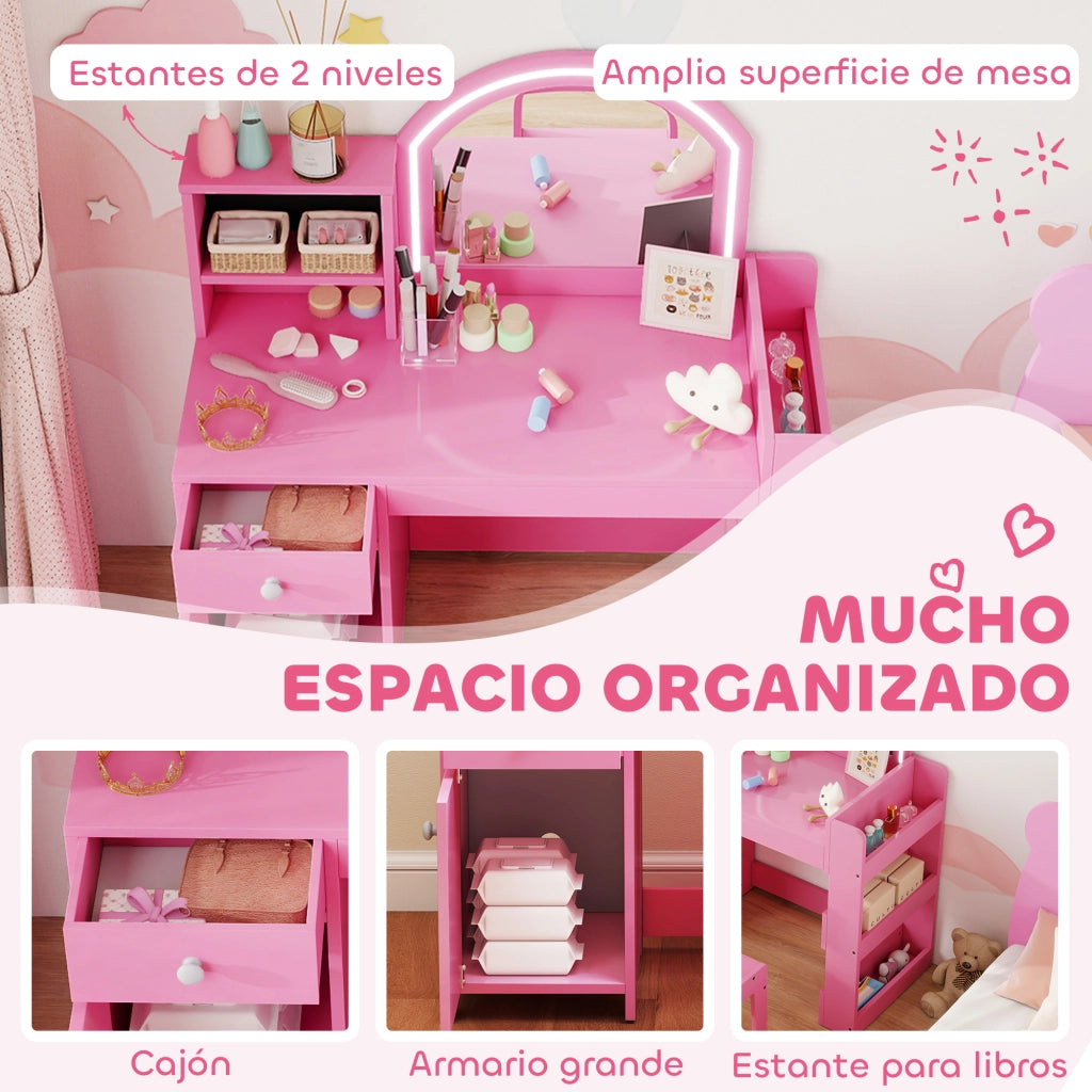 Tocador Bambini con Luce LED e Specchio ¨C Minimal ¨C Rosa, 1 Cassetto e 5 Ripiani
