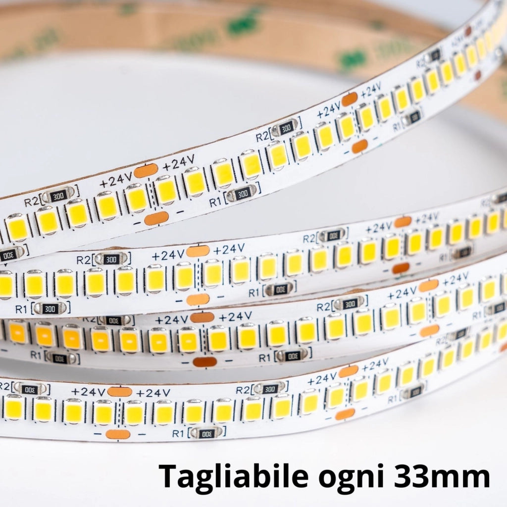 Striscia LED SMD 2835 24V, 5 Metri, Larga 10mm, Neutro 4000K, Super Luminoso 24W/M 4000LM/M 160LM/W 240SMD/M, Dimmerabile PWM, Tagliabile ogni 33mm, IP20, CRI>80