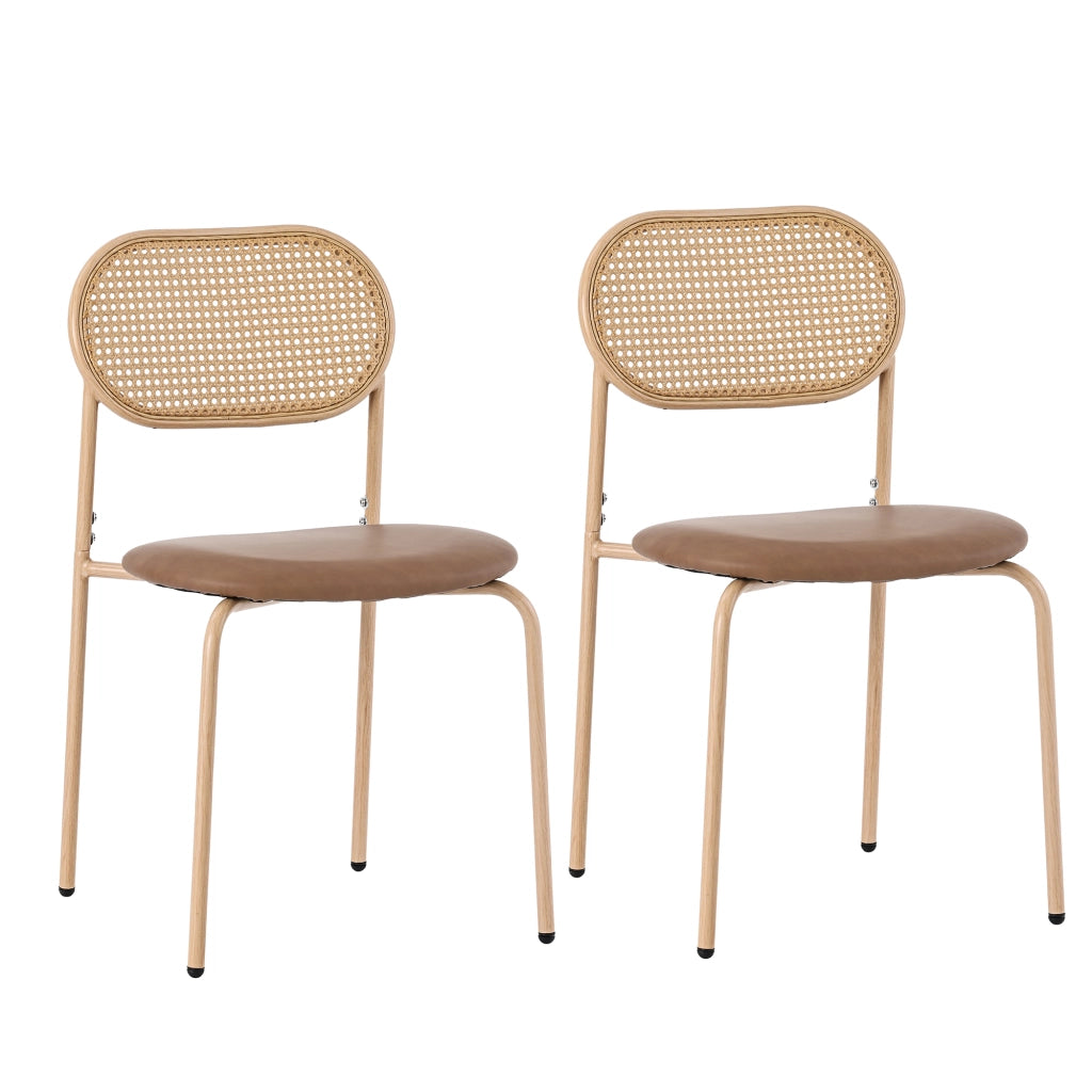 OKWISH Set di 2 Sedie da Pranzo con Schienale Ovale in Rattan, Gambe in Metallo e Seduta Ergonomica, PU Marrone