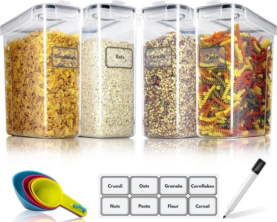 Set di conservazione (4x2,5L) Scatole ermetiche, contenitori di conservazione & contenitori di conservazione - Pannelli in plastica BPA-free con coperchi per pasta, muesli e riso, set di etichette, pennello & cucchiaio - Nero