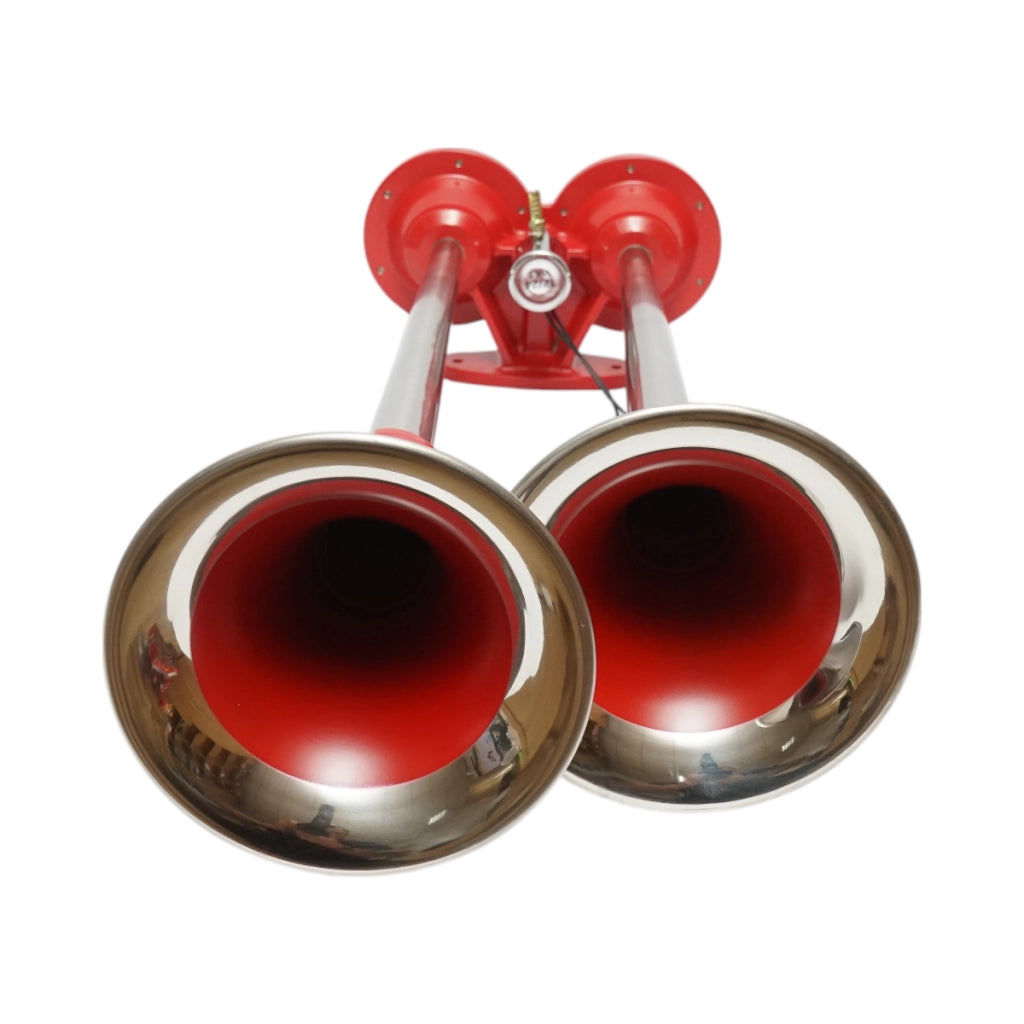 Clacson a 2 trombe rosso 12V/24V per compressore d’aria.