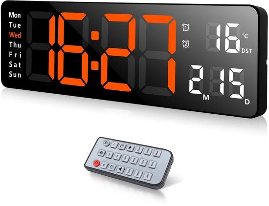 Wandklok digitale 13 pollici, grande orologio LED a parete, sveglia digitale con telecomando, indicazione dell'ora e conto alla rovescia, data, settimana, temperatura, calendario digitale per camera da letto e soggiorno