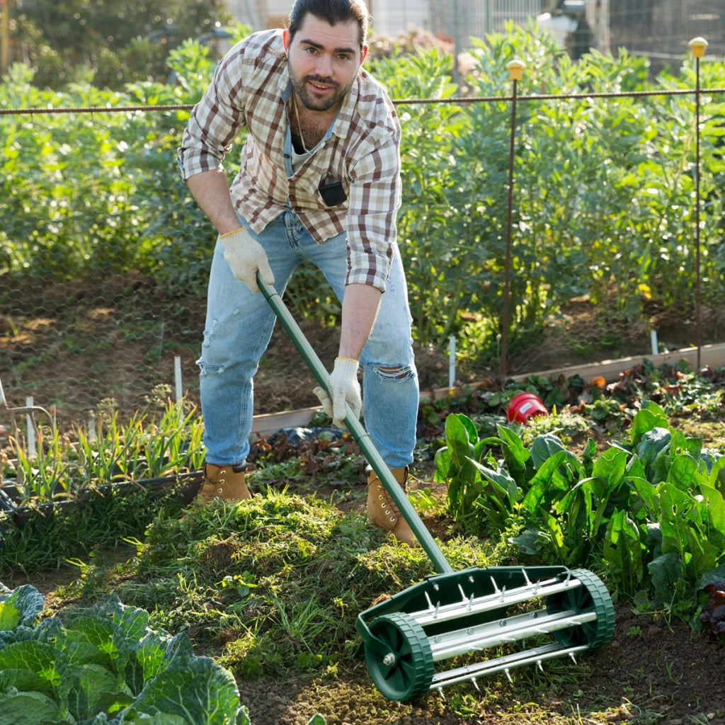 Arieggiatore per prato con parafango, Rullo arieggiatore manuale per areare prato giardino terreno 46x23x127cm-Attrezzi da giardino
