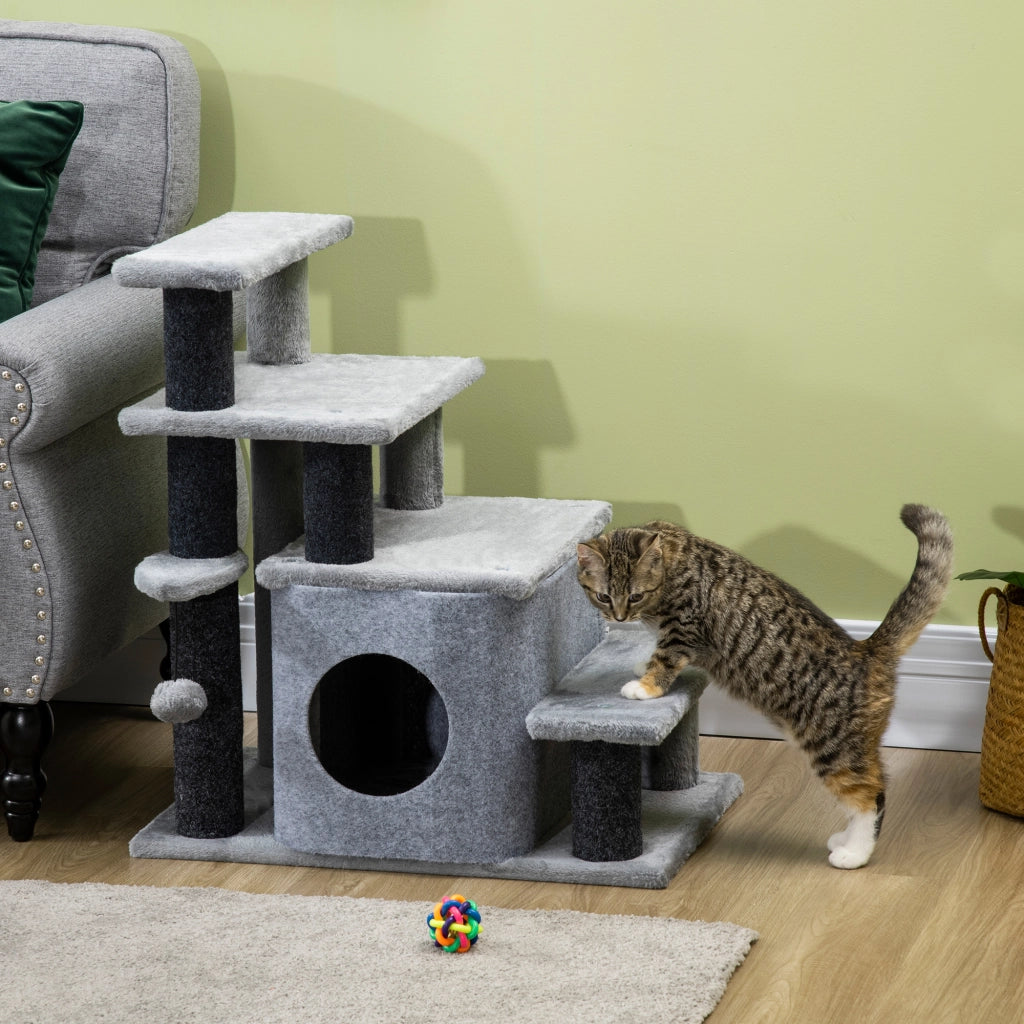Scala per gatti regolabile a 3 o 4 gradini con cuccia e pallina; rivestimento in peluche grigio 60 × 40 × 66 cm