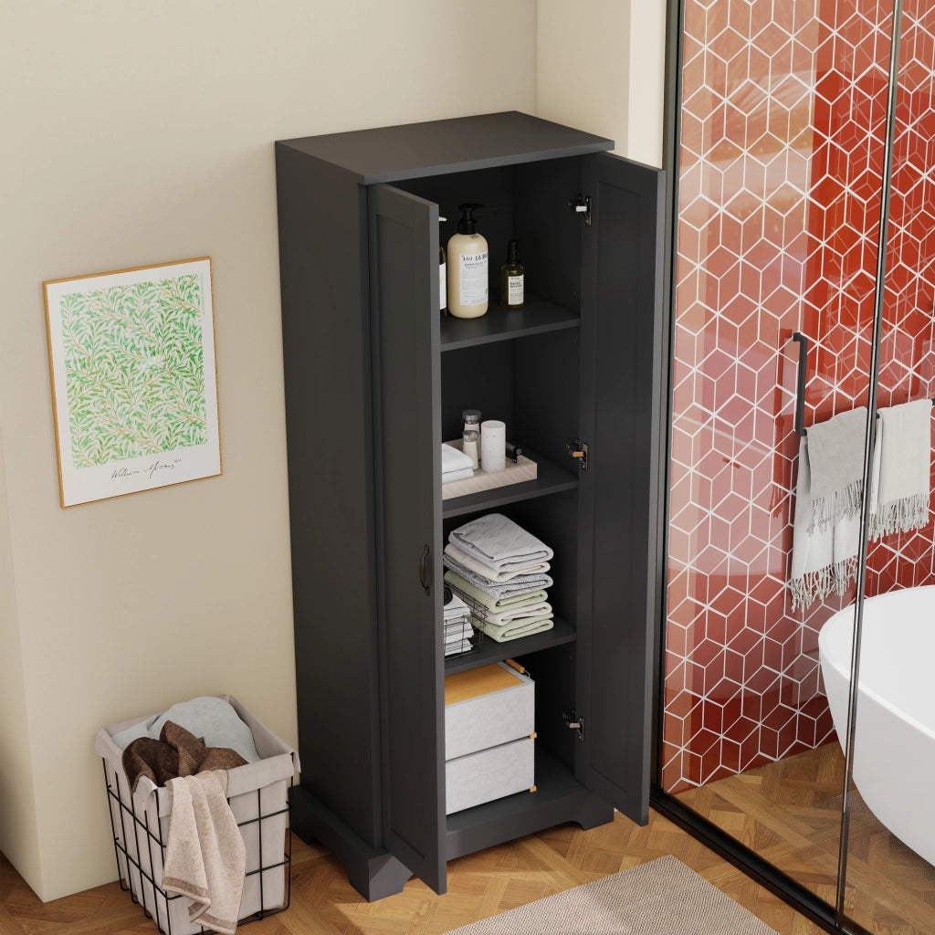 Mobile da bagno, mobile alto, design a doppia anta, ripiani regolabili, nero