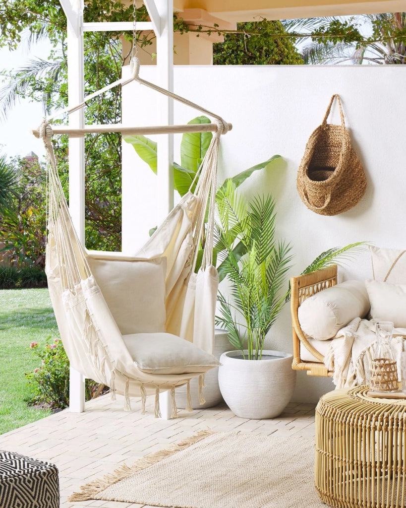 Sedia a dondolo sospesa in cotone beige e poliestere altalena per interni ed esterni in stile boho