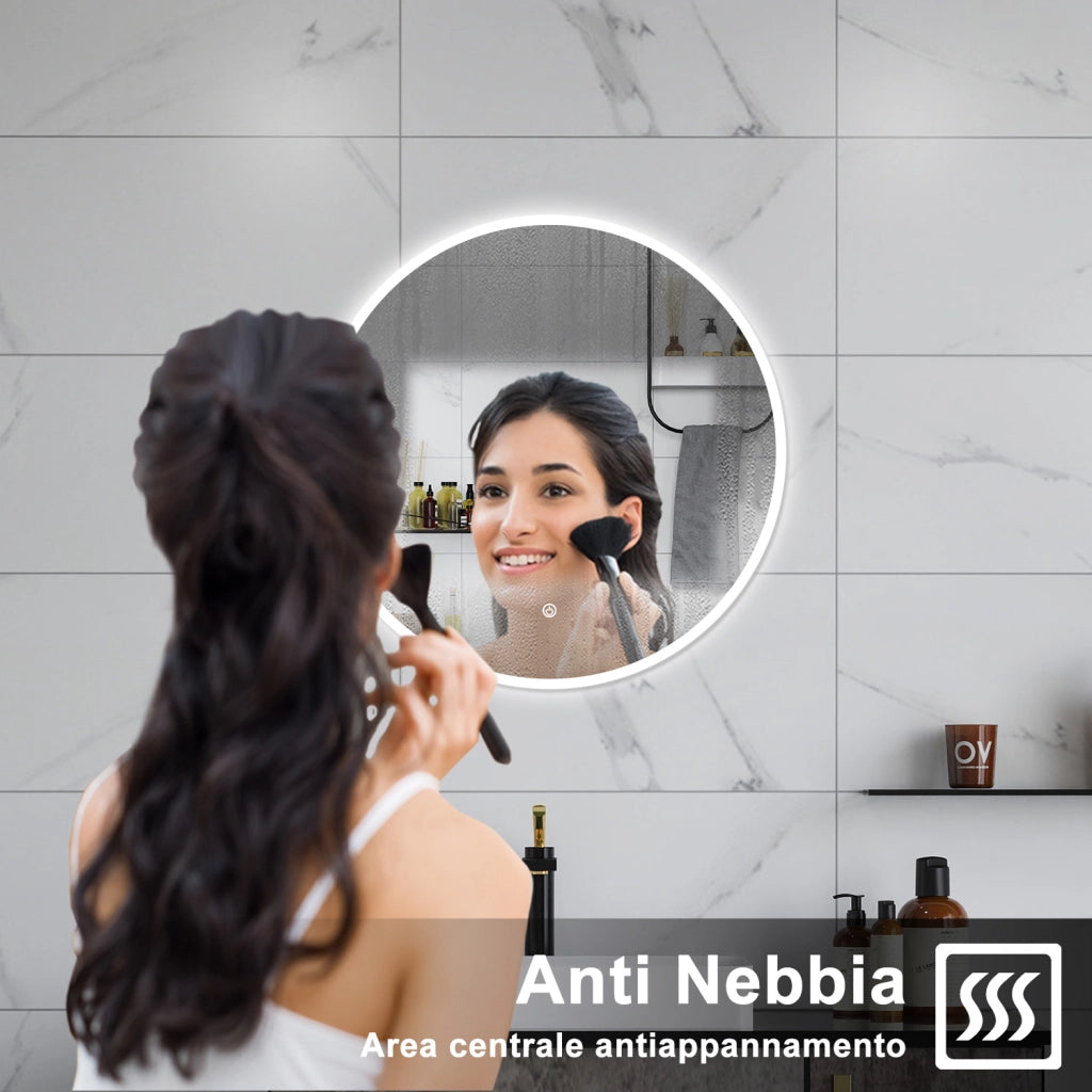 AICA Specchio da bagno 80 x 80 cm, antiappannamento, dimmerabile, interruttore touch, Funzione Memoria