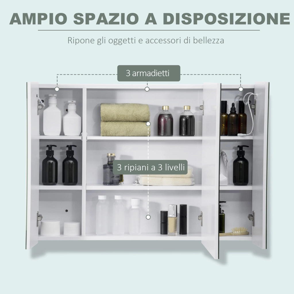 Armadietto Specchiera da Bagno con 3 Armadietti, 3 Ripiani e Luce LED, 90x15x65 cm, Bianco