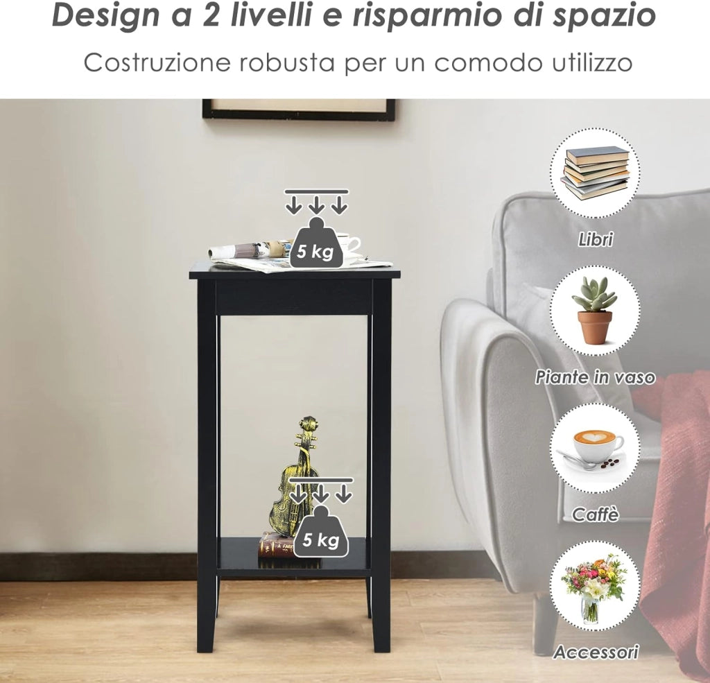 Tavolino da Salotto Alto a 2 Livelli Aperti, Tavolino Comodino in Legno di Pino Massicio, Tavolino Moderno Portaoggetti per Soggiorno e Camera da Letto, 40 x 30 x 73,5 cm (1, Nero)