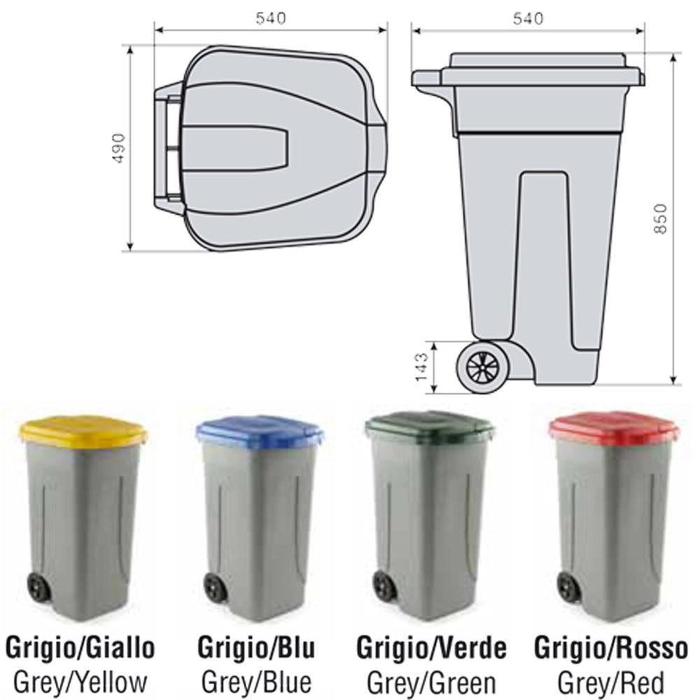 Trade Shop - Bidone Raccolta Differenziata 100 Litri Con Coperchio Colorato E Ruote 1 Solo Pz - Rosso