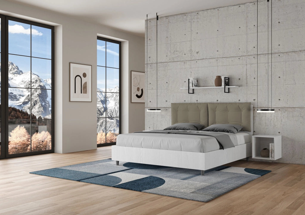 BS COM Letto matrimoniale con rete 160x200 bianco frassino cuscini similpelle cappuccino