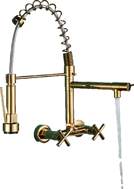 Bjorn | Rubinetto da parete gastronomia oro lucido Rubinetto cucina professionale in acciaio inox con due doccette|doppio lavello da parete ristorante