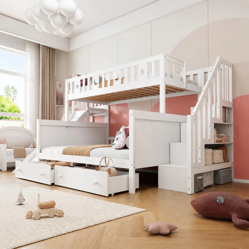 Letto a castello per bambini bianco con scivolo, scala e cassetti