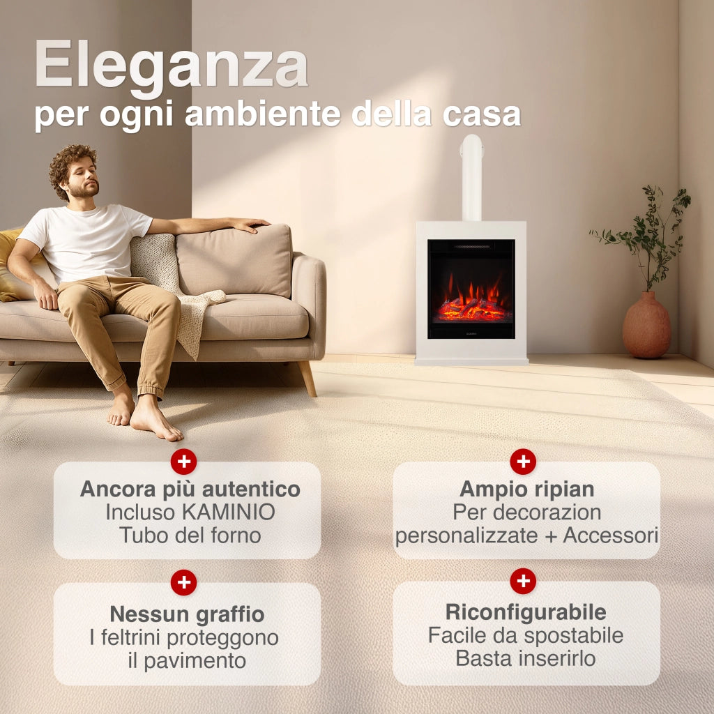 KAMINIO Camino elettrico KALLE con tubo del camino - Caminetto elettrico a pavimento con riscaldamento, effetto fiamma 3D, telecomando - Bianco