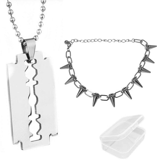 Collana punk - Choker argentato/colorato - Chiusura a spina metallica - Hanger per catene - 2 pezzi - Inclusa scatola di conservazione - Accessori per gioielli