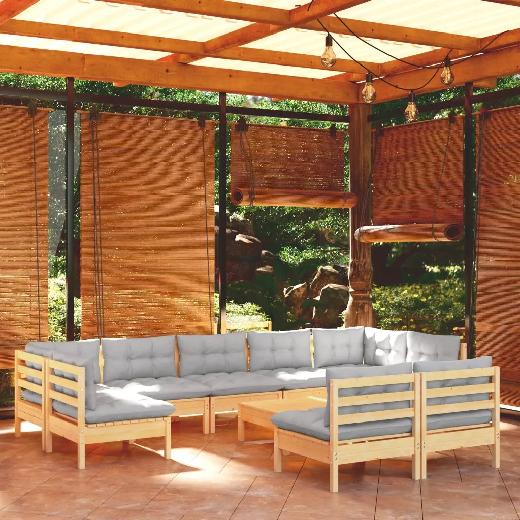 Set Divani da Giardino 10 pz con Cuscini Grigi Massello di Pino 3097204