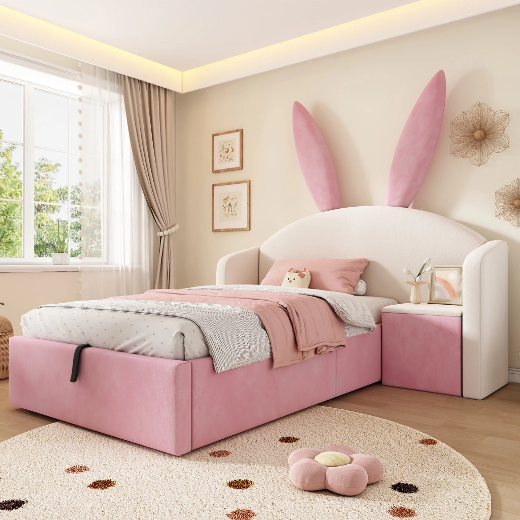 Letto imbottito con vano contenitore 90x190 cm velluto beige-rosa