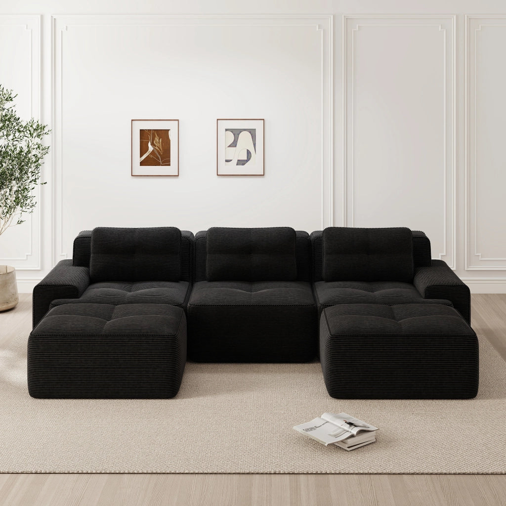 Divano Modulare 3 Posti con Ottoman ¨C Xylo ¨C Velluto a Coste, Nero, Angolare