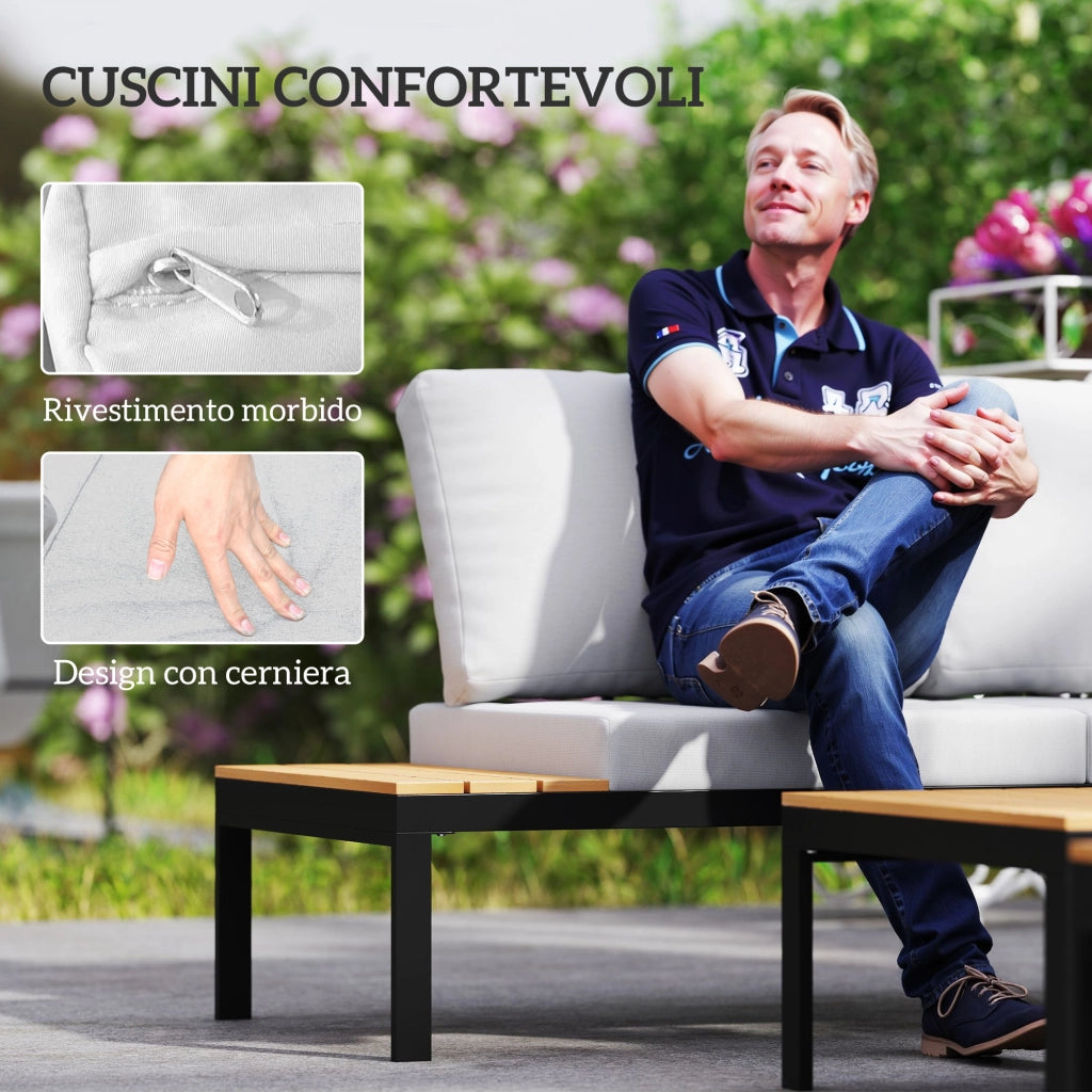 Set da Giardino 4 Pezzi con Divanetti e Tavolini ¨C zephmum ¨C Metallo, Legno Composito, Grigio Nero e Teak