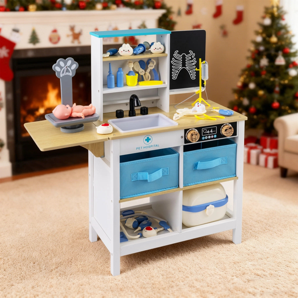 Set gioco medico legno centro medico lavagna bilancia animali rubinetto lavandino-Set ospedale tavolo pieghevole cassetti valigetta accessori Bianco