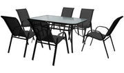Set Tavolo Sedie Da Giardino 7 Pezzi, Tavolo Da Pranzo Terrazzo In Metallo Piano In Vetro Con Foro  Ombrellone 6 Sedia Da Esterno Impilabili Con Schienale Alto,Veranda  Nero