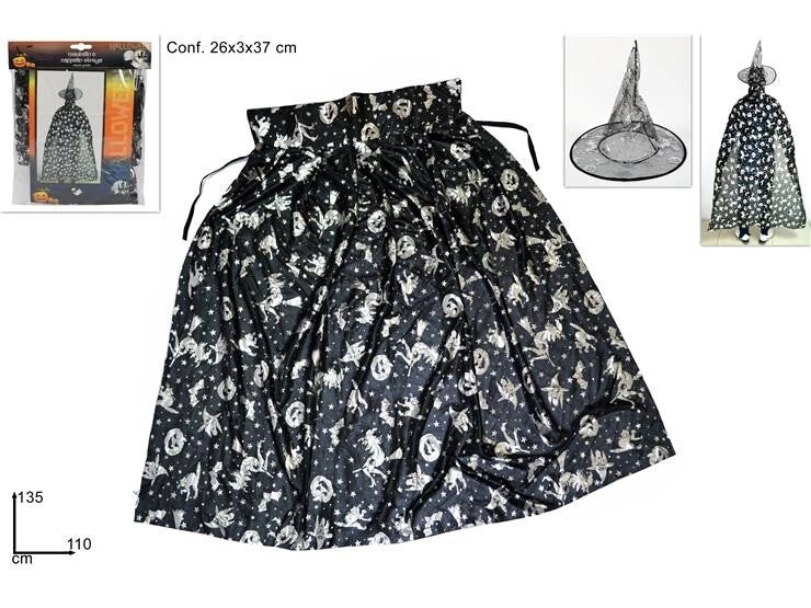 Set Vestito Mantello e Cappello da Strega Halloween Bambina
