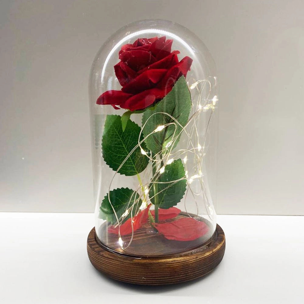 Trade Shop - Rosa Eterna Incantata La Bella E La Bestia In Cupola Con Base Legno E Luci A Led -