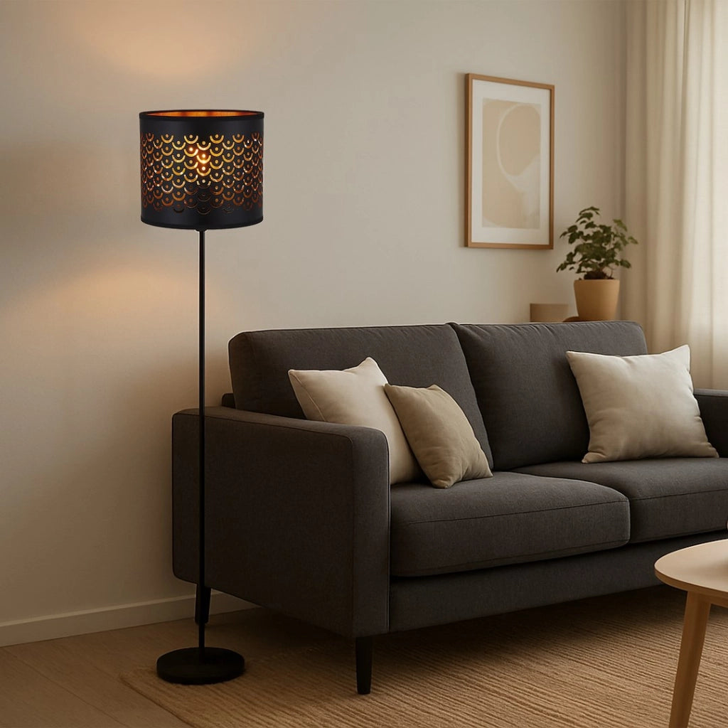 Lampada da terra MORGAN nero-oro, paralume ovale E27