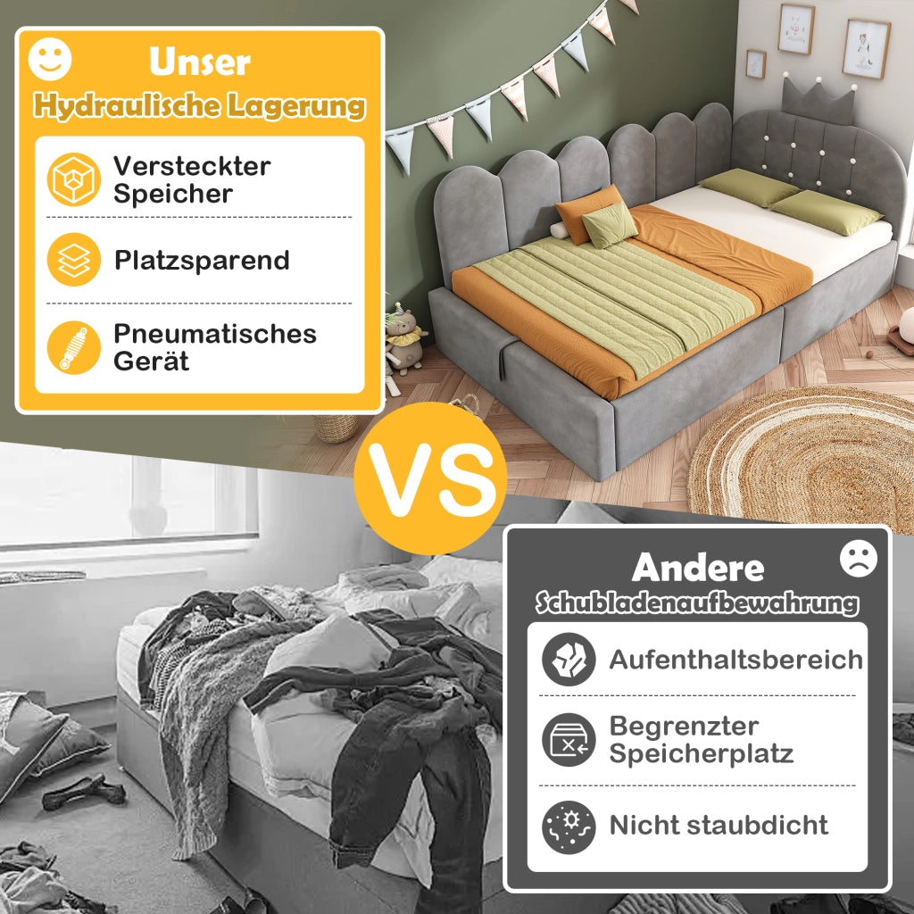 Daybed imbottito a L – 90x190 cm – contenitore idraulico – velluto grigio