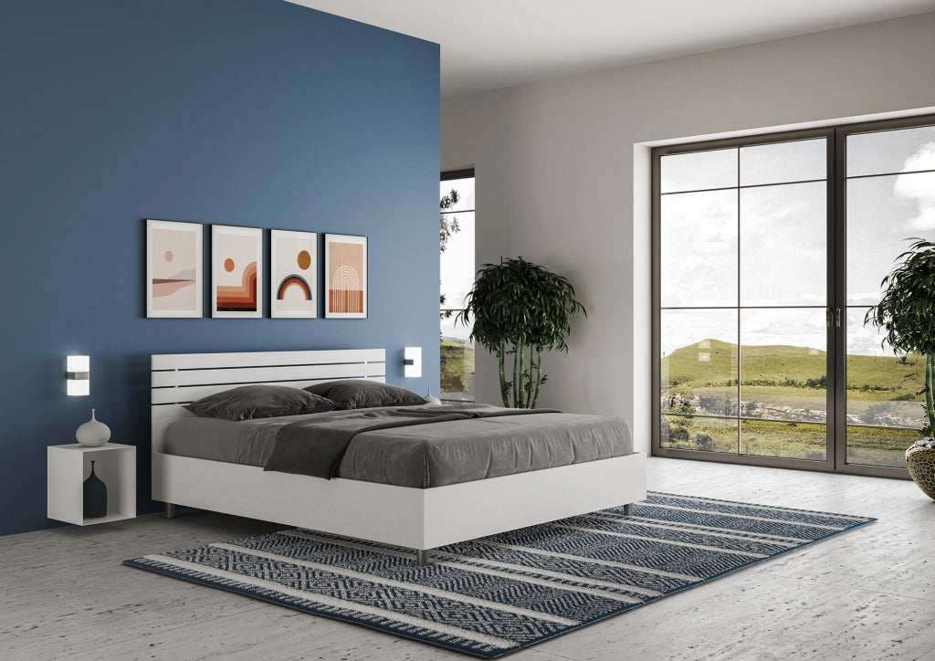 BS COM Letto matrimoniale contenitore 160x200 testata dritta con doghe bianco frassino
