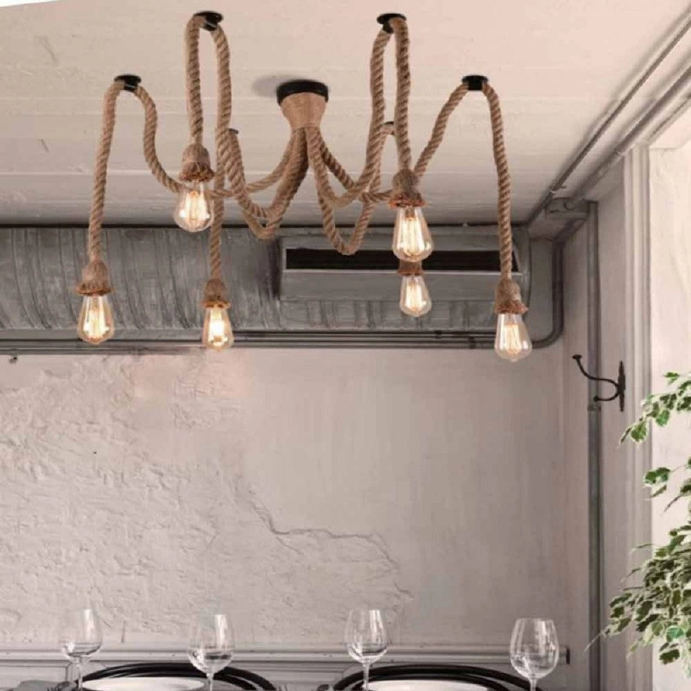 Trade Shop - Lampadario Ragno Sospensione 6 Corde Portalampada E27 Lampada Country Retro B59-6 -