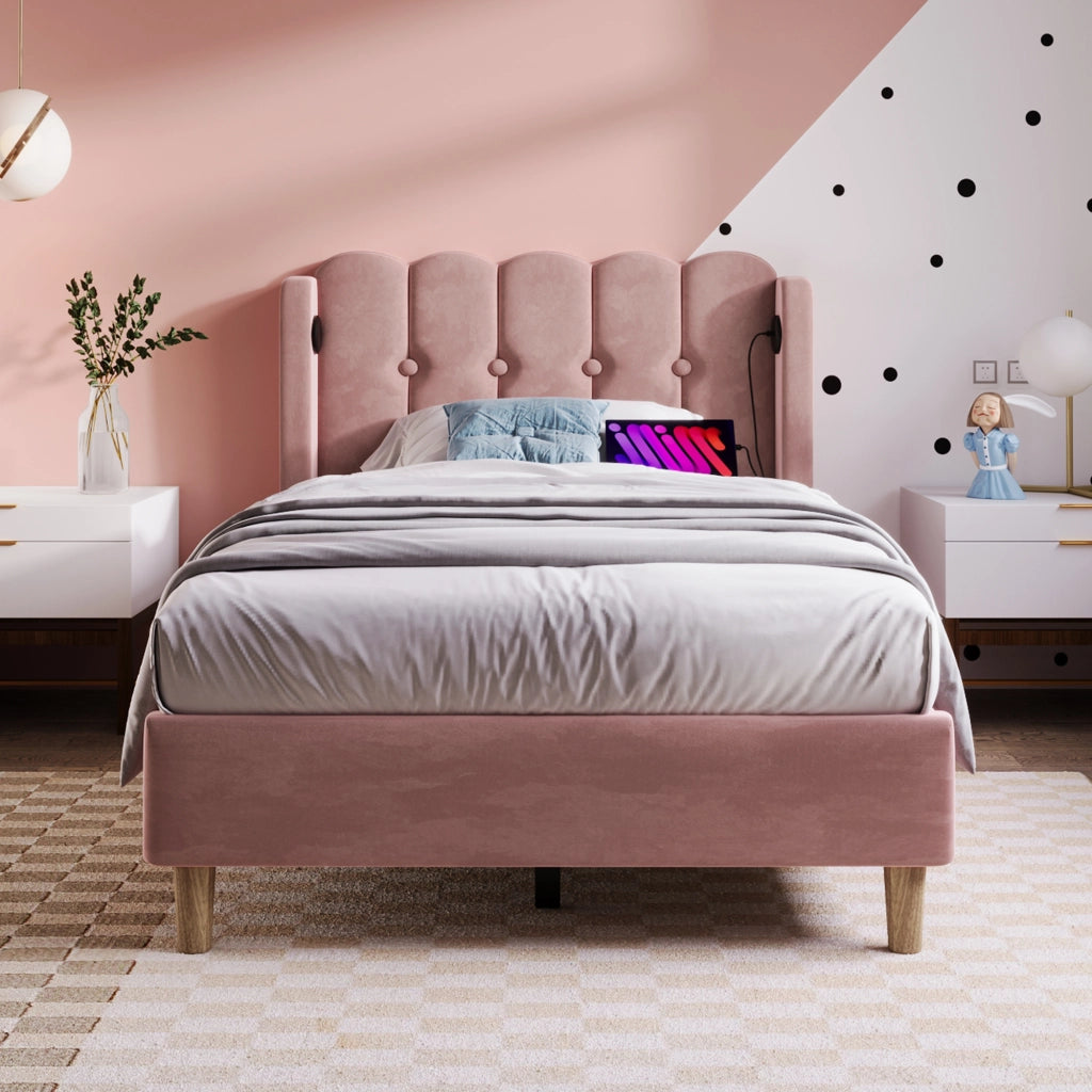 Letto singolo imbottito – 90x200 cm – USBC rete con materasso – velluto rosa