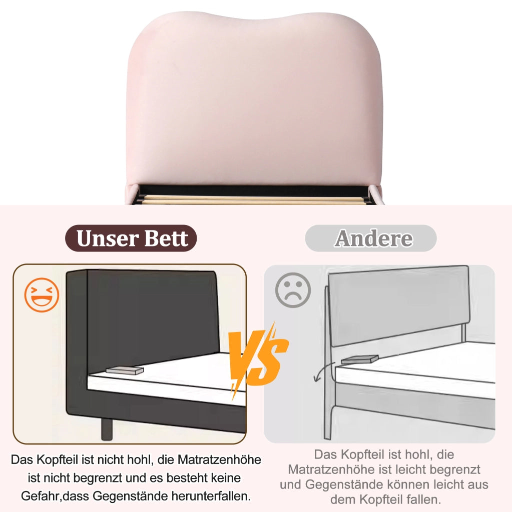Letto imbottito per bambini in velluto rosa con contenitore