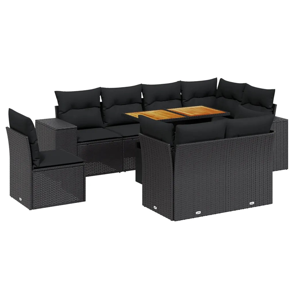 Set Divani da Giardino 9 pz con Cuscini Nero in Polyrattan