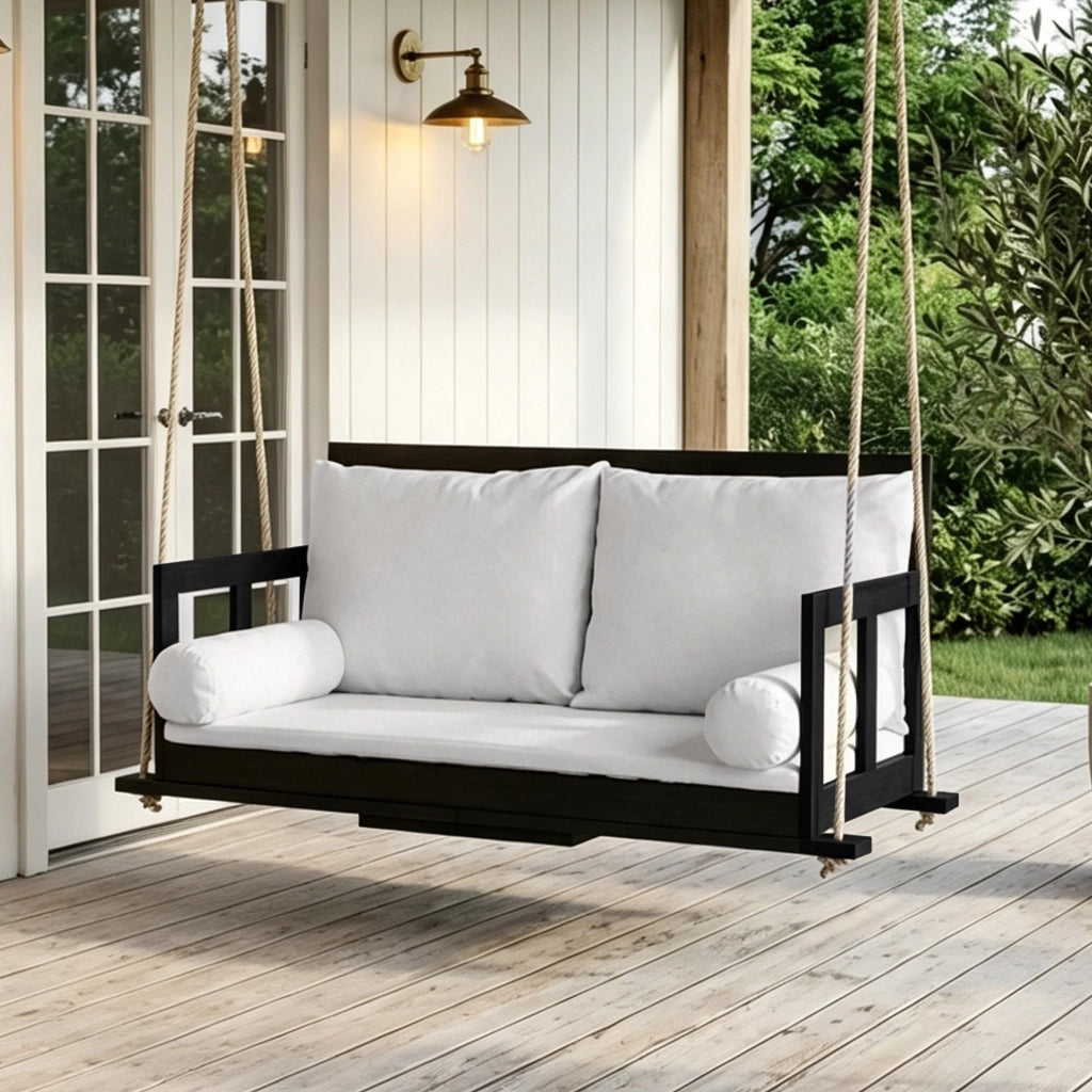 Altalena doppia altalena sospeso per il giardino esterno inclusi cuscini e due corde telaio non incluso. Il cuscino è rimovibile e lavabile. Realizzato in legno di acacia nero+beige