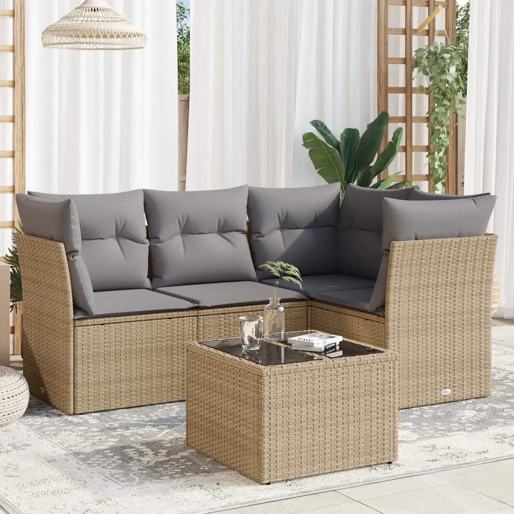 Set Divano da Giardino 5 pz con Cuscini Beige in Polyrattan