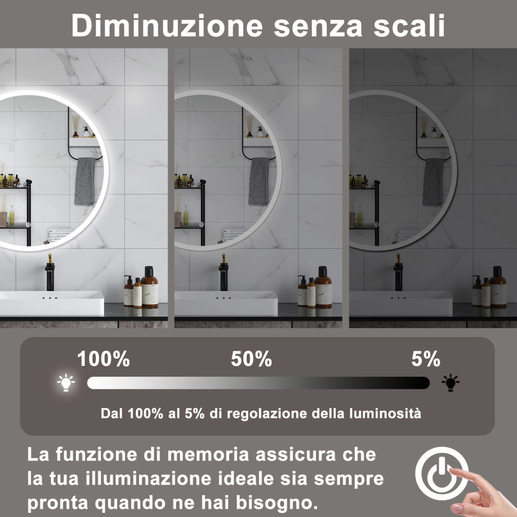 AICA Specchio da bagno 60 x 60 cm, antiappannamento, dimmerabile, interruttore touch, Funzione Memoria
