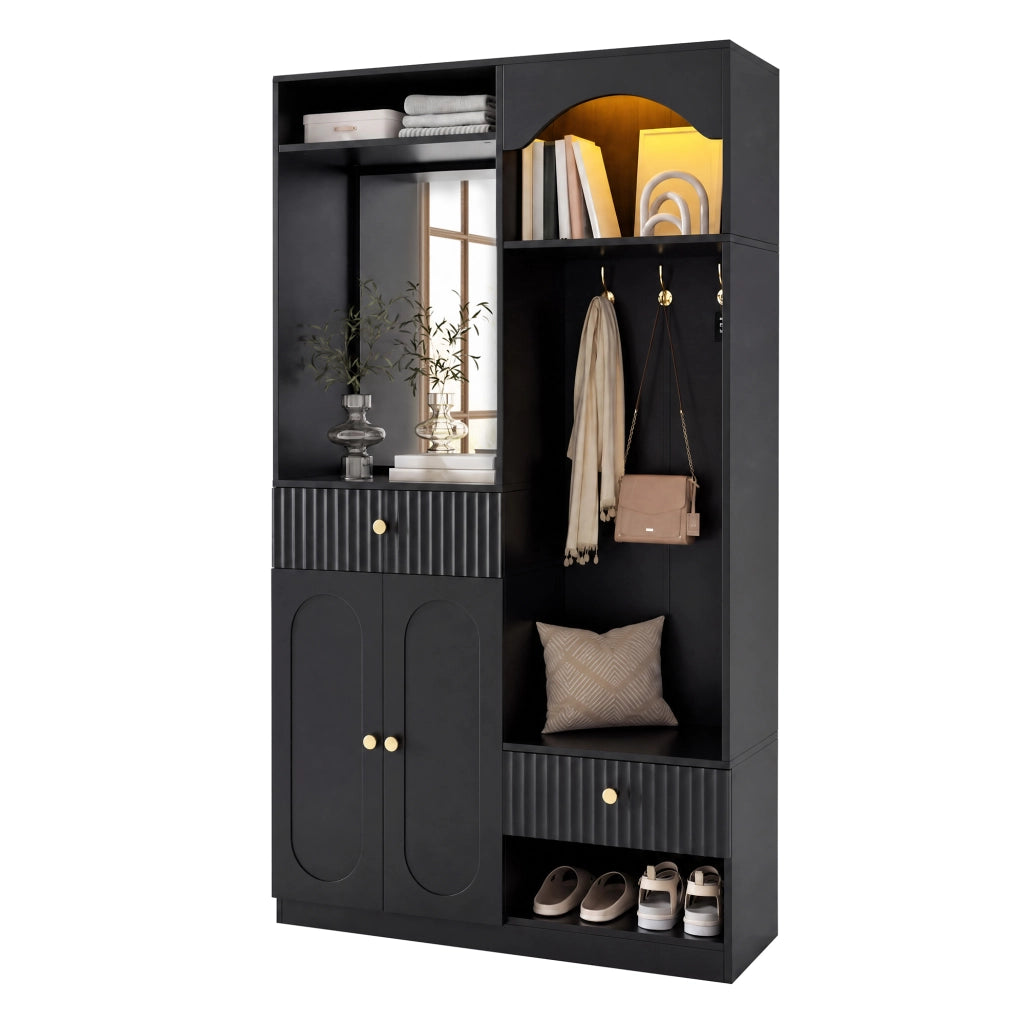 Mobile da ingresso con specchio, panca, appendiabiti, 2 ante, cassetti e LED regolabili, nero, 100 × 35 × 180 cm