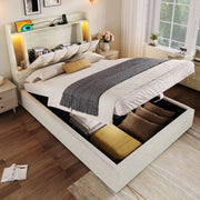 Letto singolo imbottito 90x200cm con ricarica LED e USB C in lino beige