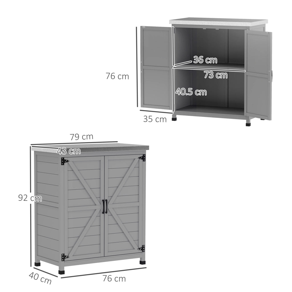 Armadio da giardino in legno Capanno da giardino impermeabile con piano di lavoro; doppia porta; mensole; mobile da giardino Armadio per il deposito Armadietto poliuso per giardino; terrazza 79 x 43 x 92 cm grigio