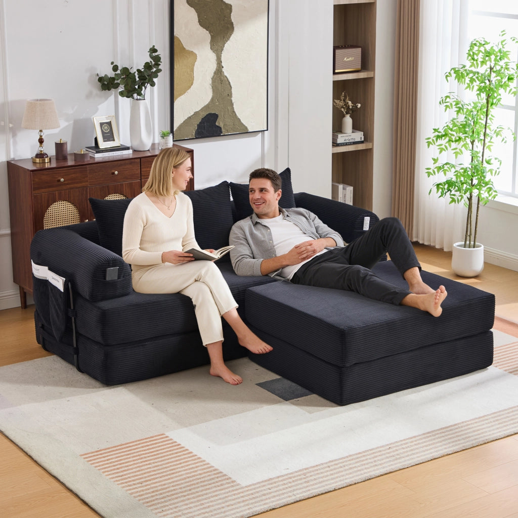 Divano Modulare con Pouf ¨C MINIMAL ¨C Tessuto a Coste, Cuscini, Nero