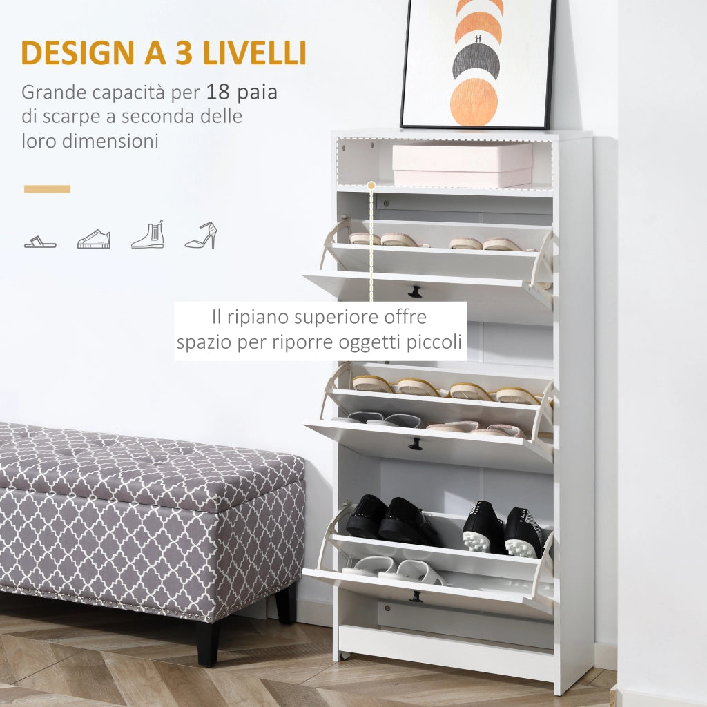 Scarpiera salvaspazio 3 ante a ribalta 18 paia con ripiano portaoggetti ¨C Xylo ¨C legno truciolato bianco 60x24x132cm