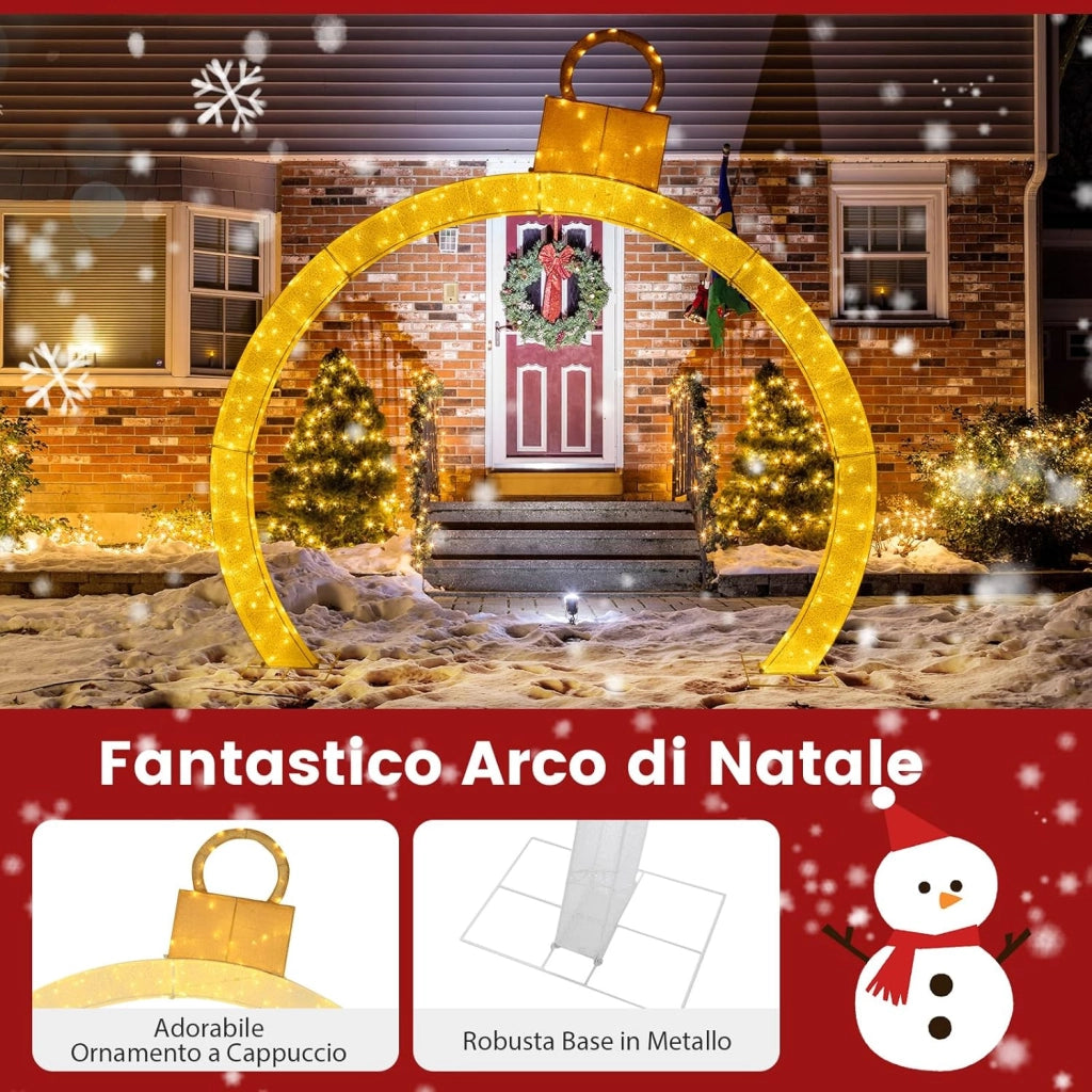 Arco di Natale Pre-Illuminato di 313 cm, Arco Festivo Illuminato con Cappello Ornamentale Dorato, 300 Luci LED Bianche Calde, Decorazione Natalizia per Giardino, Negozio e Cortile