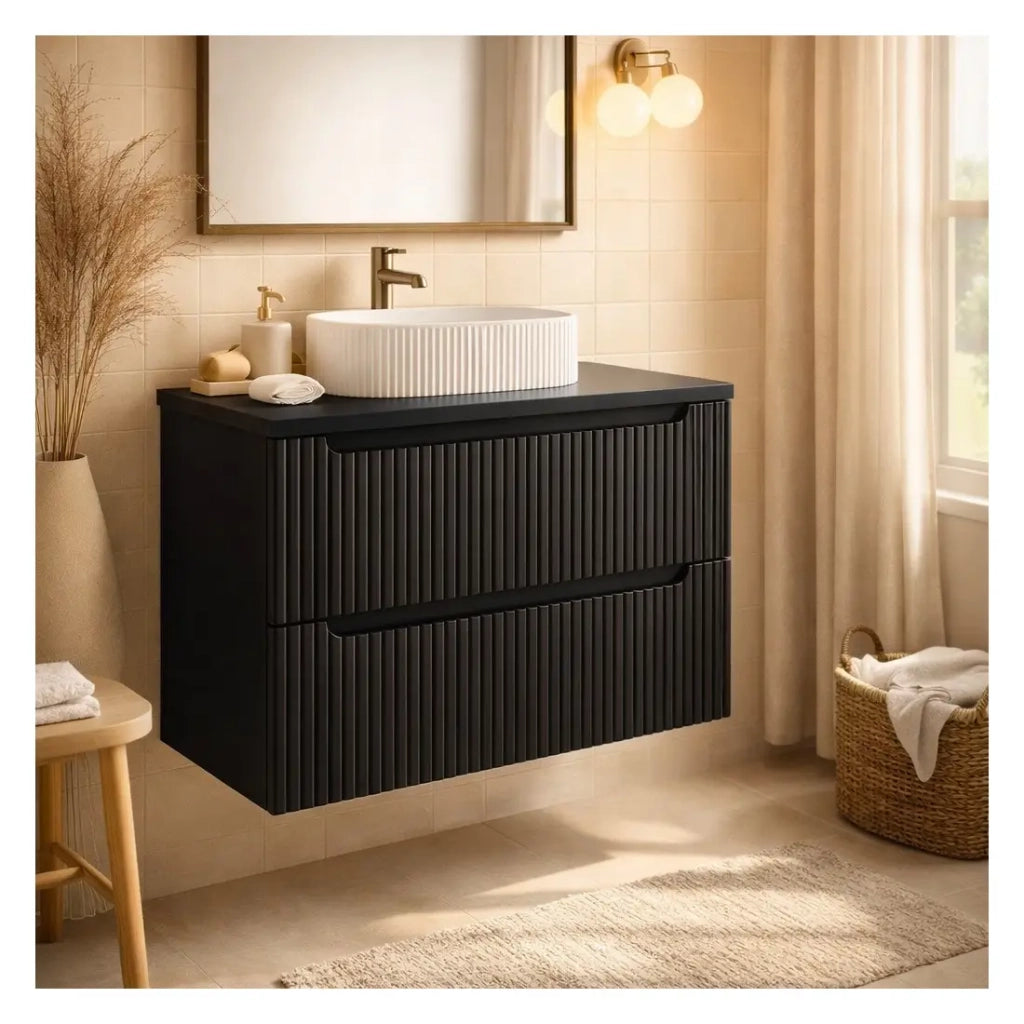 Set da bagno sospeso VANO 80cm: mobile sotto lavabo con cassetti scanalati nero opaco + piano per lavabo nero opaco