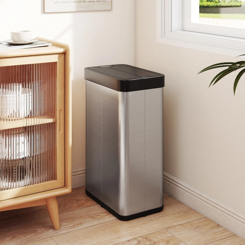 Cestino per rifiuti 60l con coperchi a ali pattumiera in acciaio inox spazzolato-Cestino bidone automatico sottile Argento
