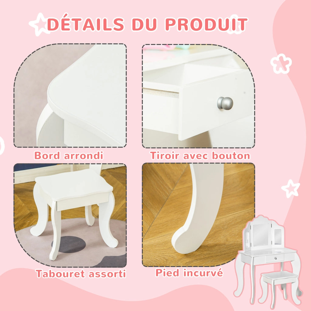 Scrivania Bambini con Specchio e Sgabello ¨C Minimal ¨C Bianco 63x40x85.5 cm