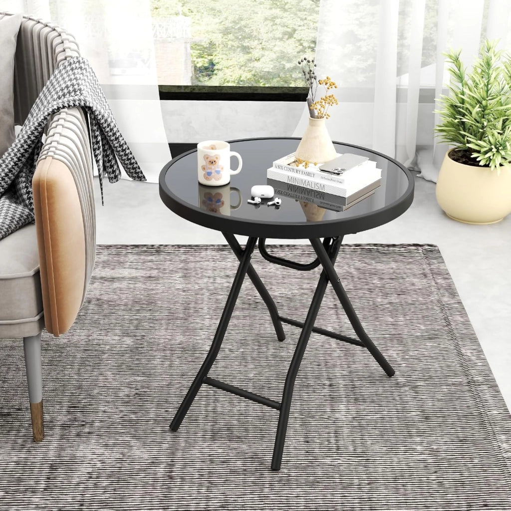 Tavolino da Giardino Pieghevole da 46 cm, Tavolino Rotondo Compatto da Patio, con Piano in Vetro Temperato e Struttura in Metallo, Tavolino Laterale Portata 50 kg (Nero)