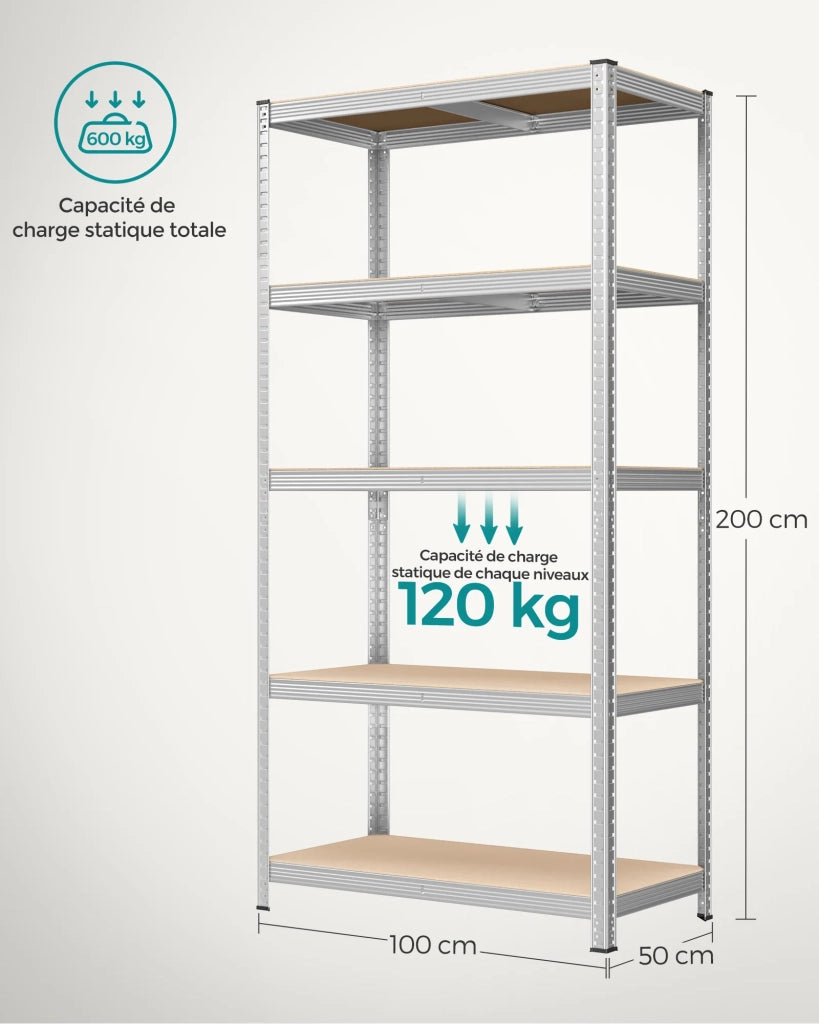 Scaffalatura metallica per carichi pesanti 200 x 100 x 50 cm 5 ripiani portata totale 875 kg (175 kg/ripiano) ripiani regolabili per garage/cantina grigio 12_0005592